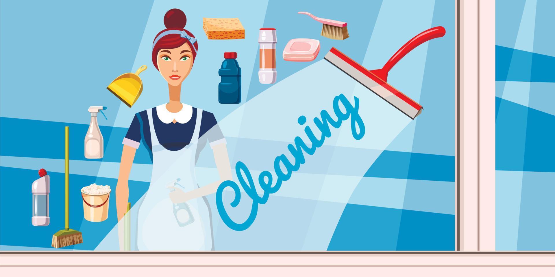 Cleaning girl banner horizontal, cartoon style vector