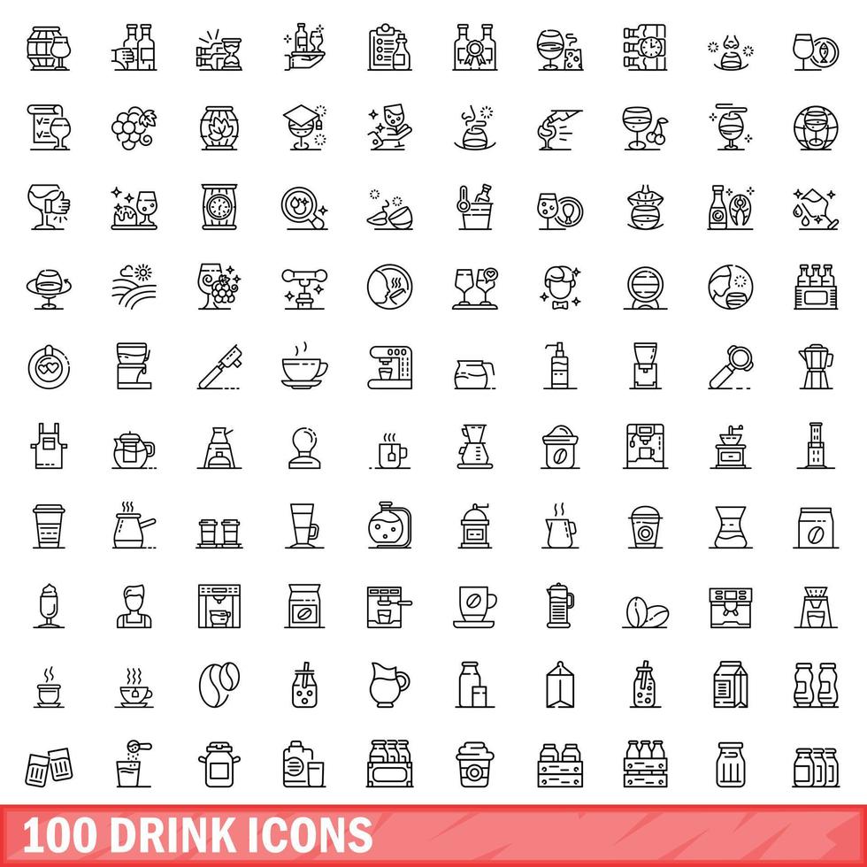 100 drink icons set, outline style vector