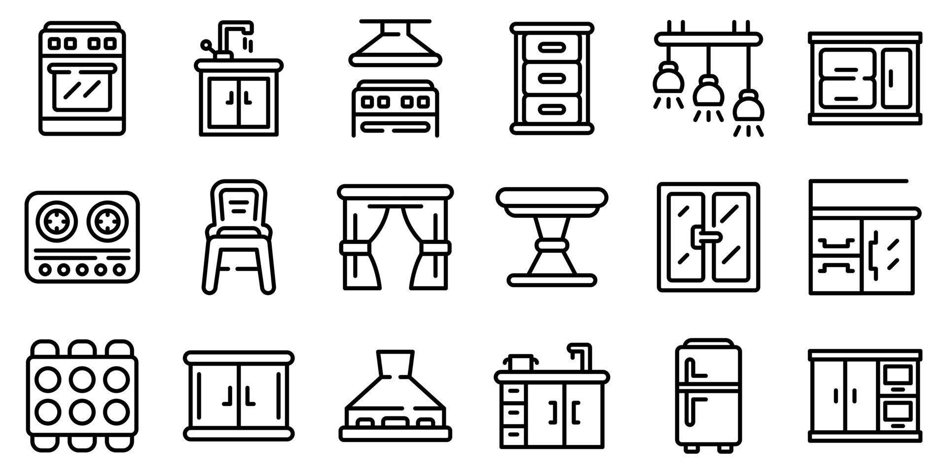 Kitchen furniture icons set, outline style vector