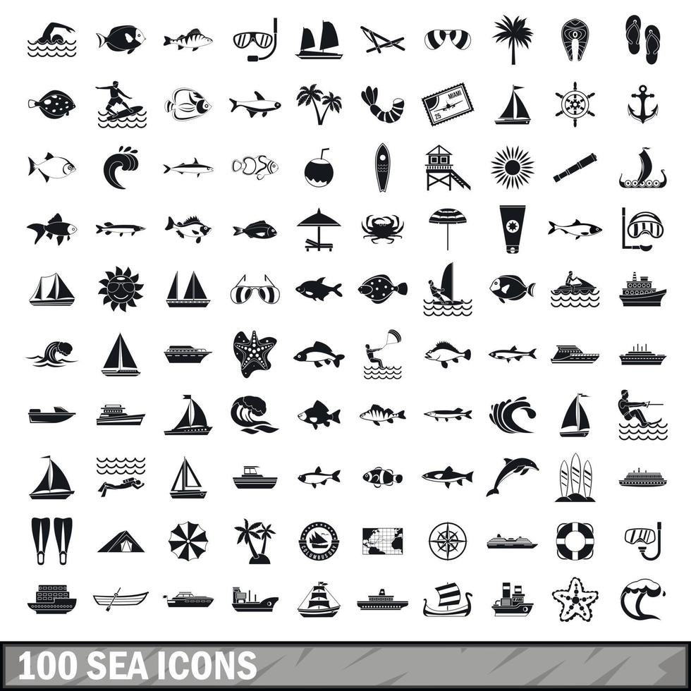 100 sea icons set in simple style vector