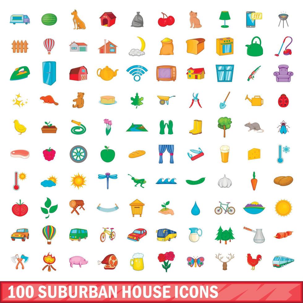 100 iconos de casa suburbana, estilo de dibujos animados vector