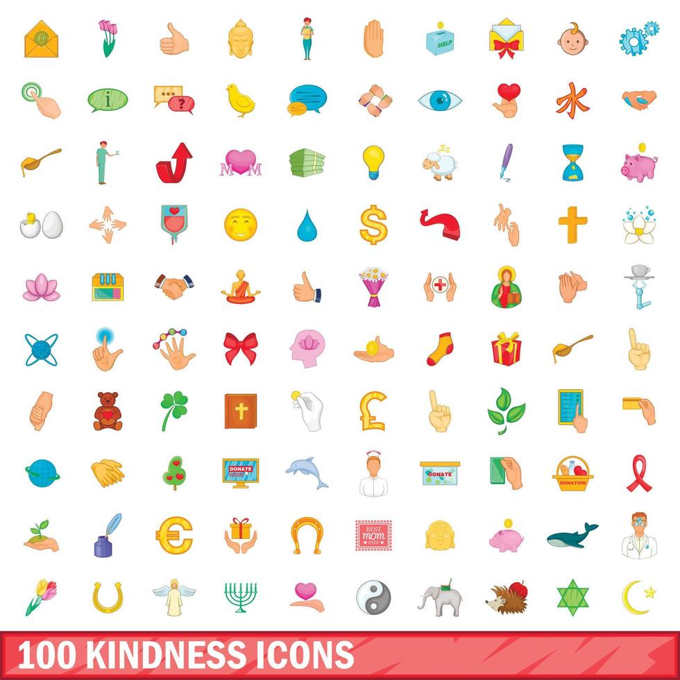 100 kindness icons set, cartoon style vector