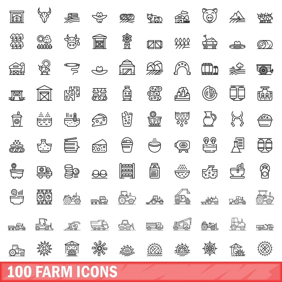 100 farm icons set, outline style vector