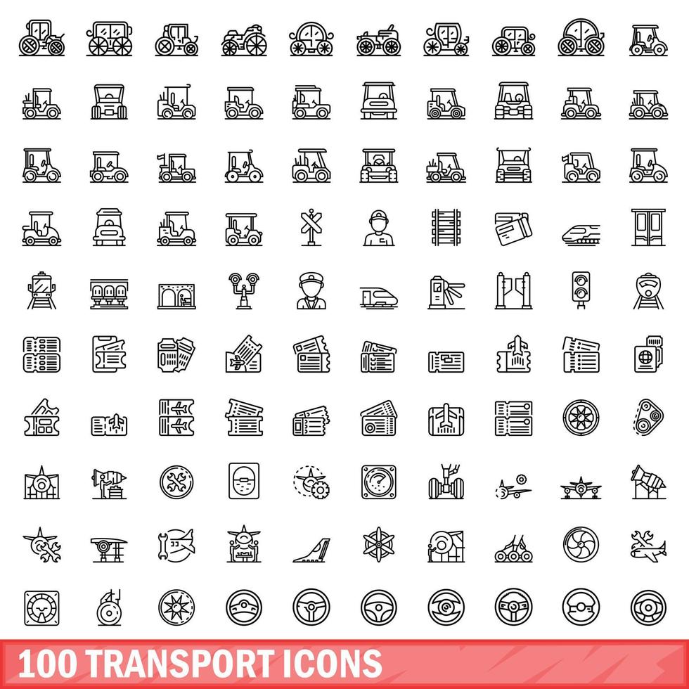 100 transport icons set, outline style vector