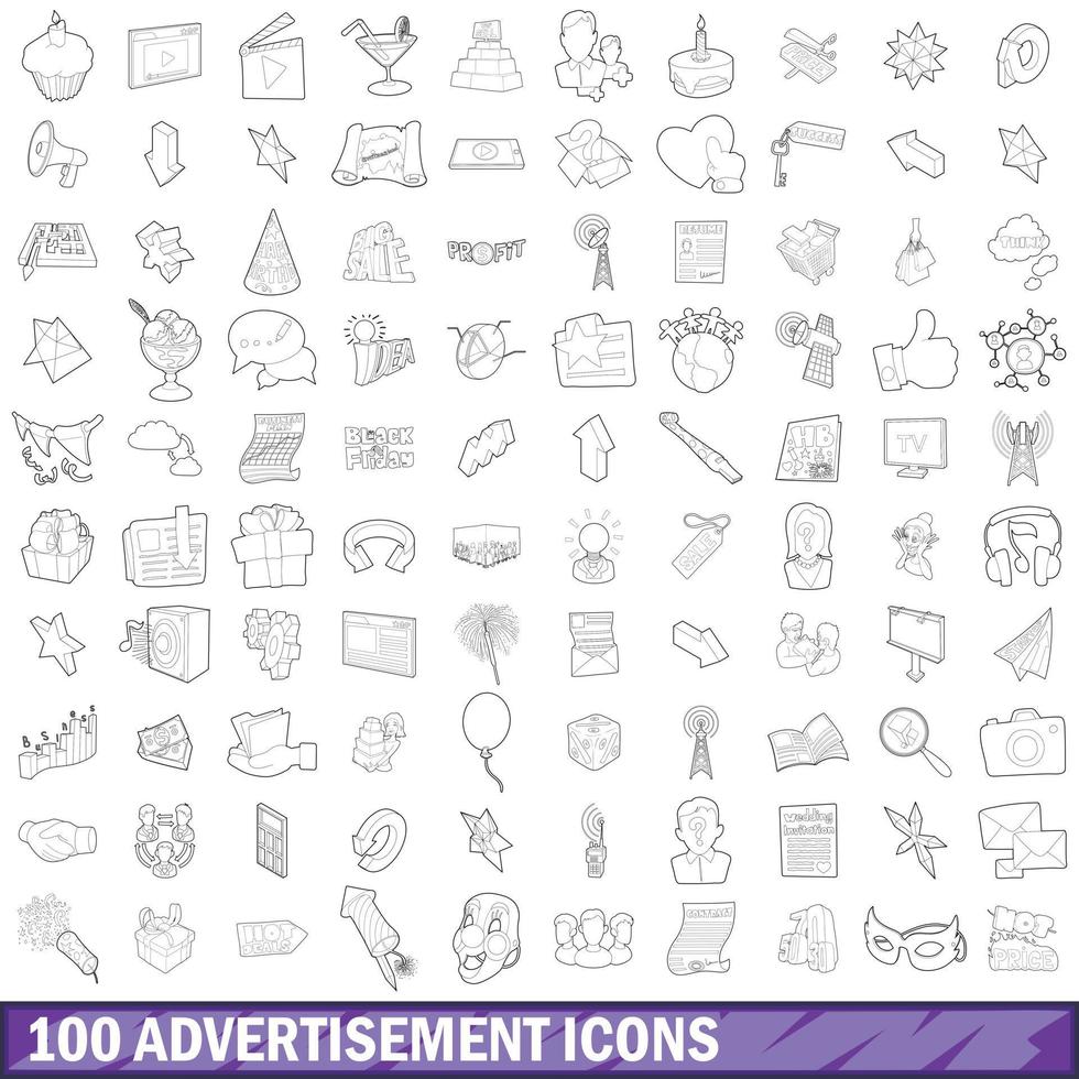 100 advertisement icons set, outline style vector