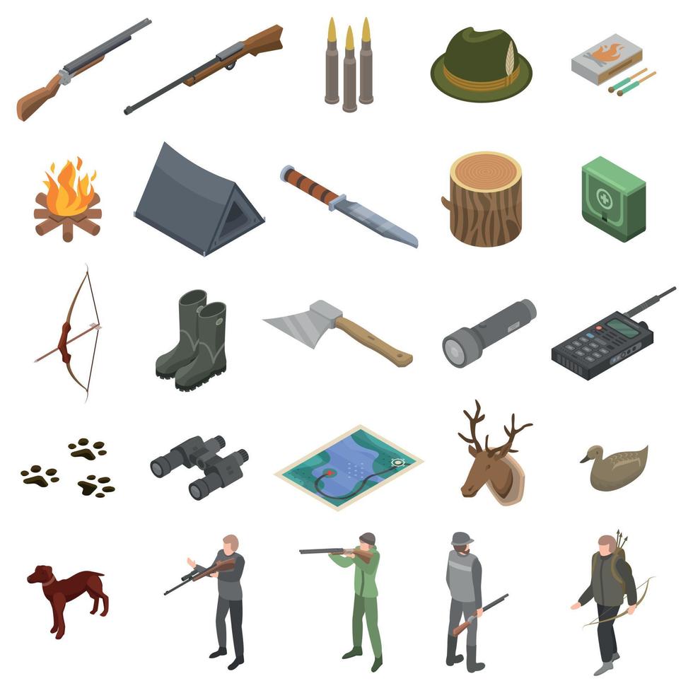 conjunto de iconos de equipo moderno de caza, estilo isométrico vector