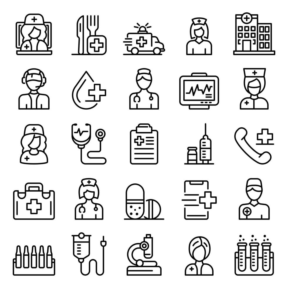 Nurse icons set, outline style vector