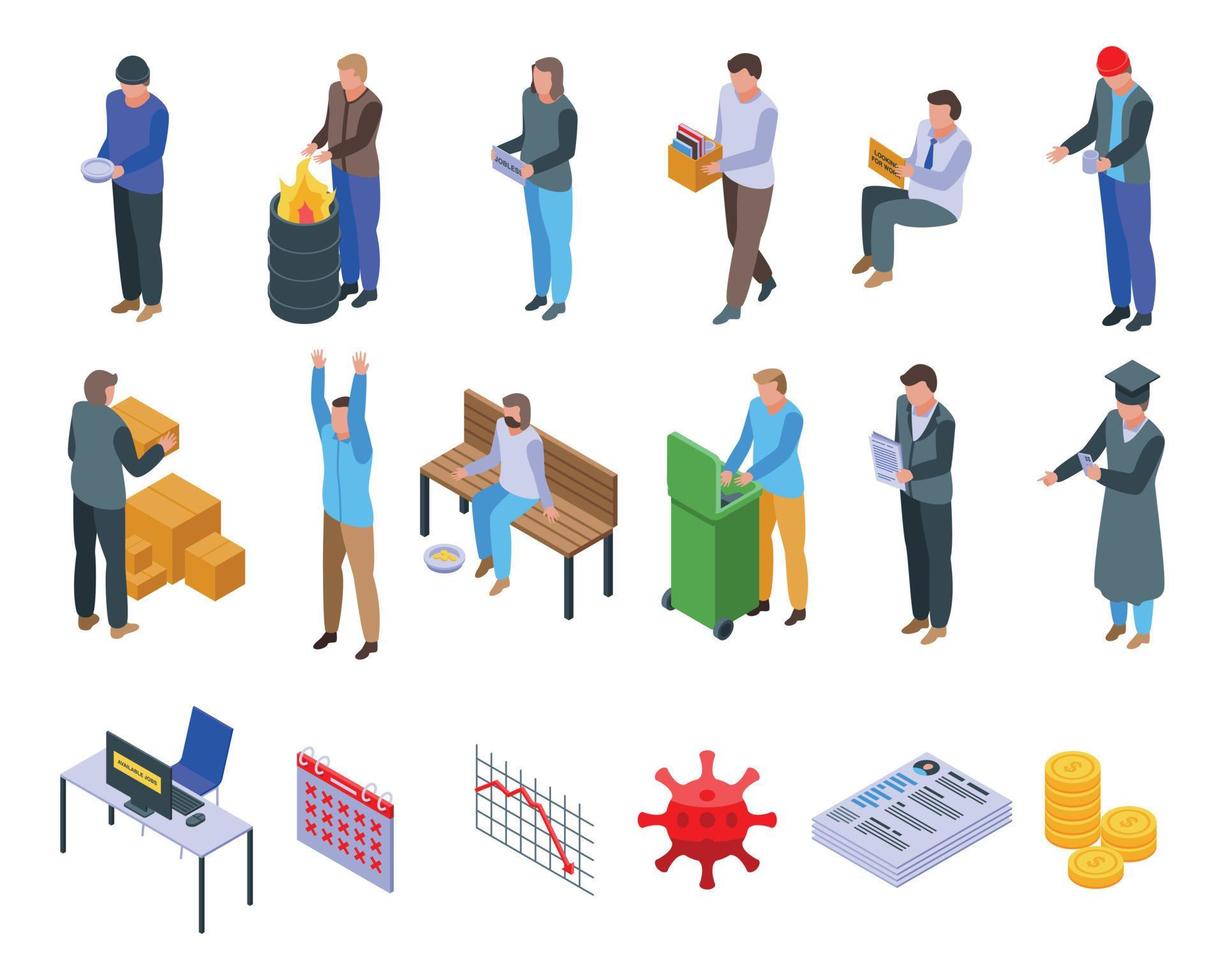 Jobless icons set, isometric style vector