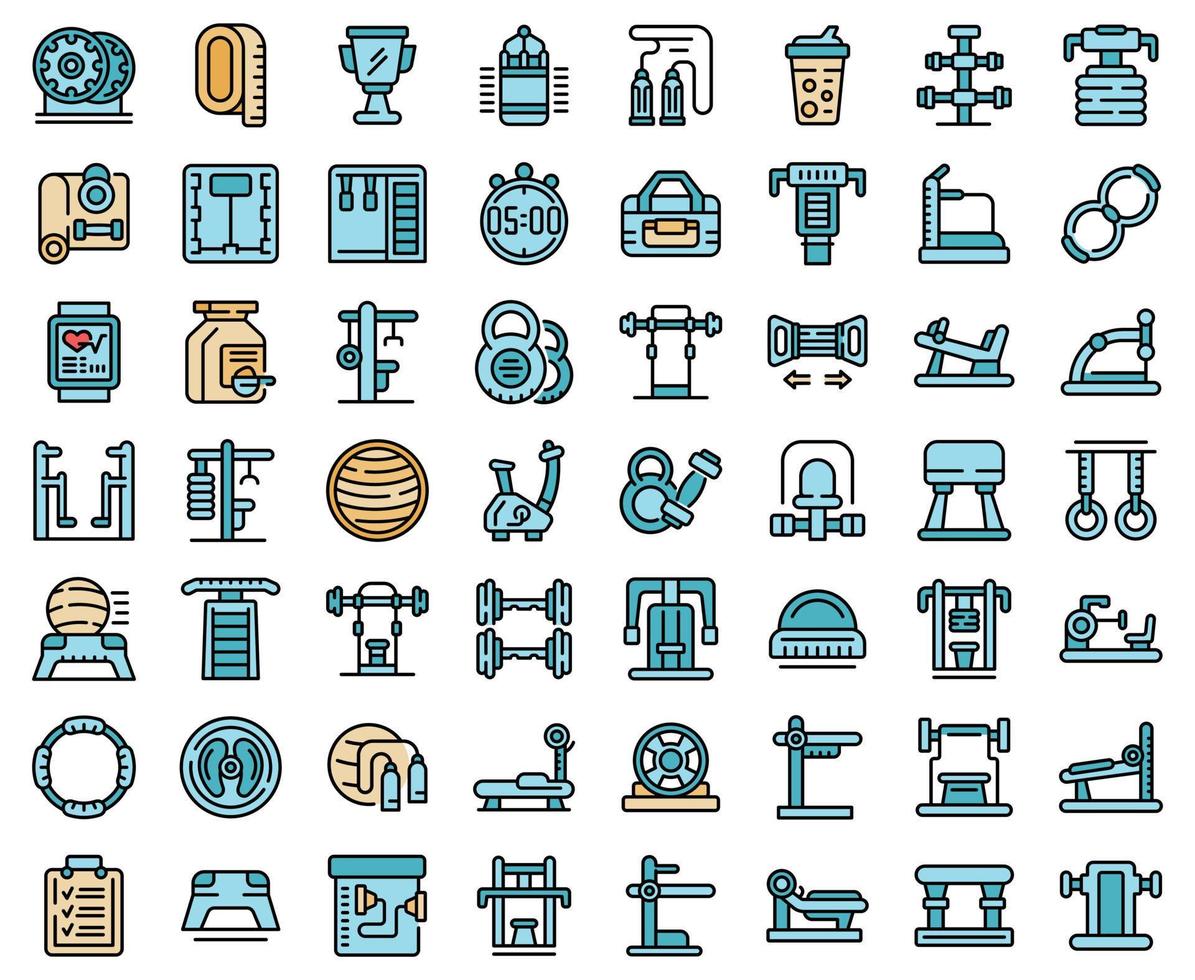 Fitness equipment icons set vector flat