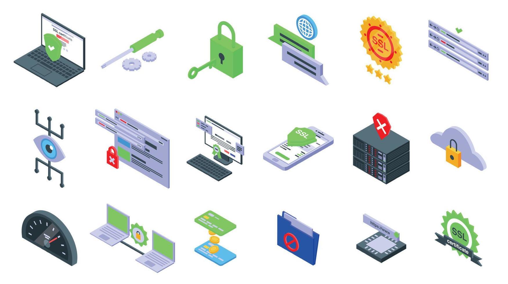 SSL certificate icons set, isometric style vector