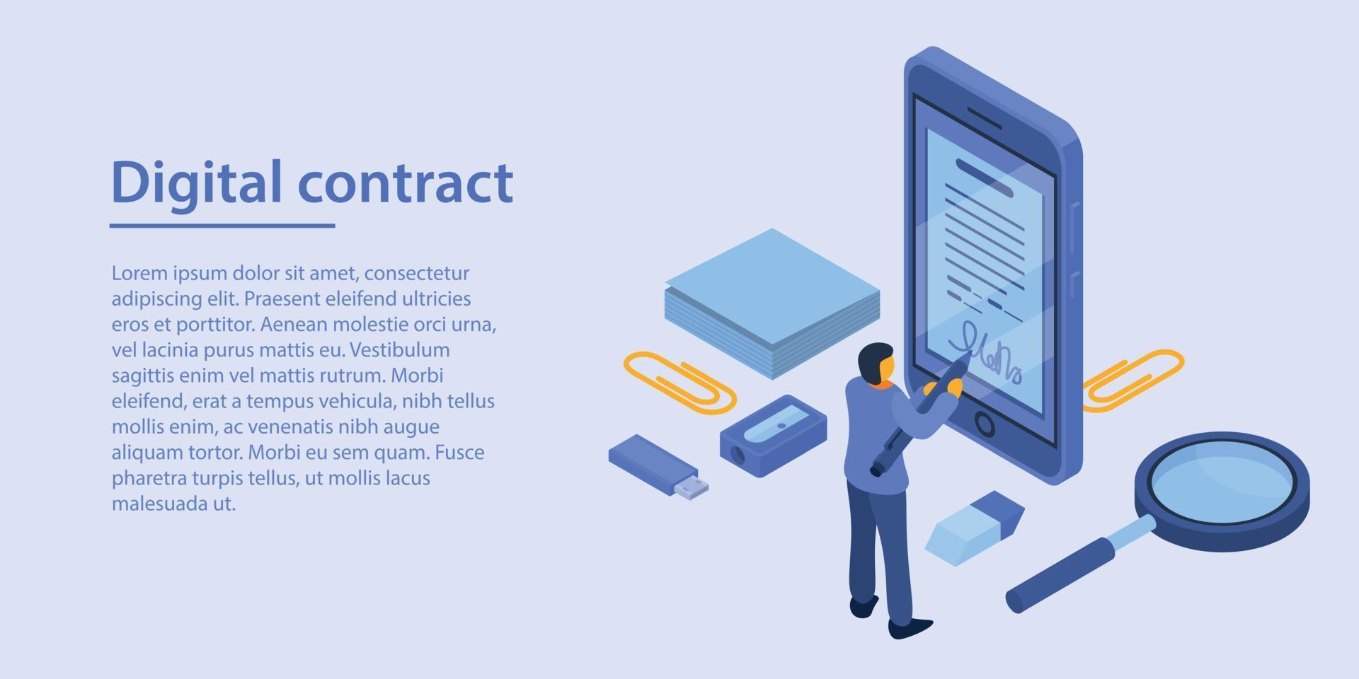 Digital contract concept banner, isometric style vector