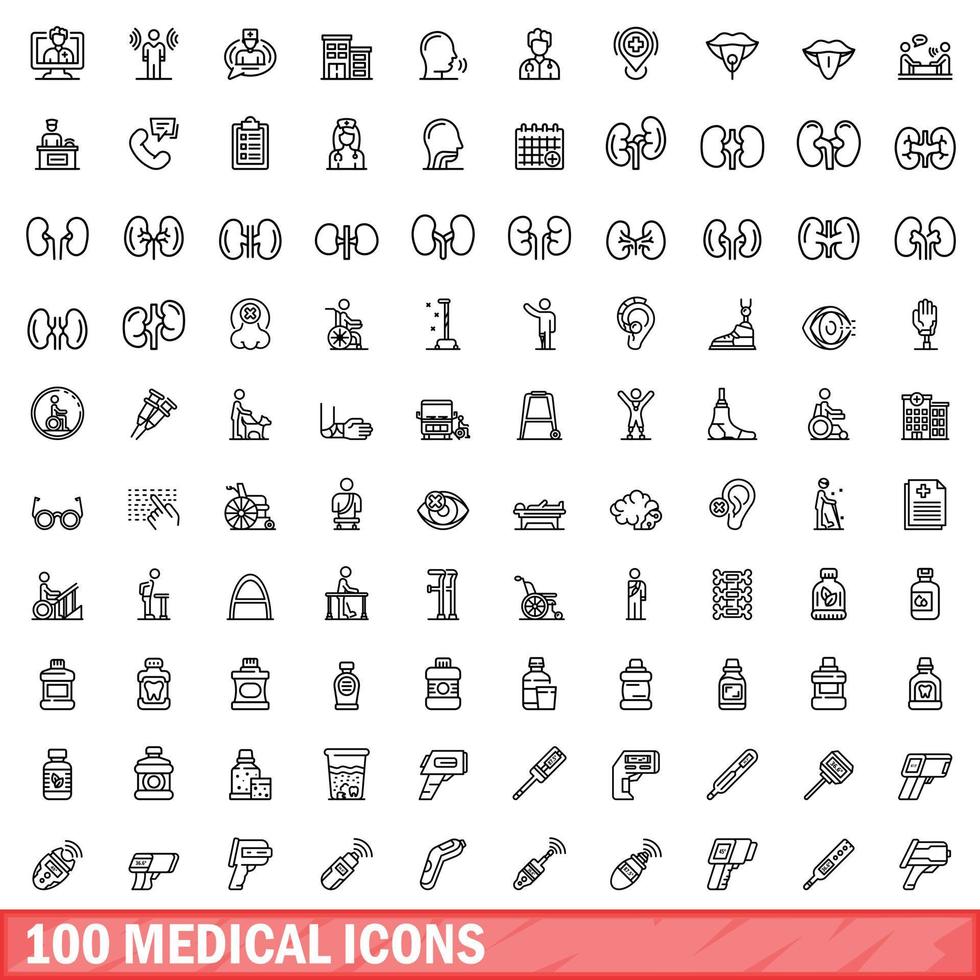 100 iconos médicos establecidos, estilo de contorno vector