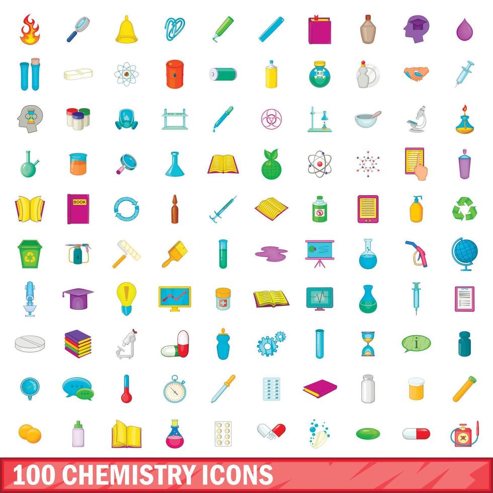 100 conjunto de iconos de química, estilo de dibujos animados vector