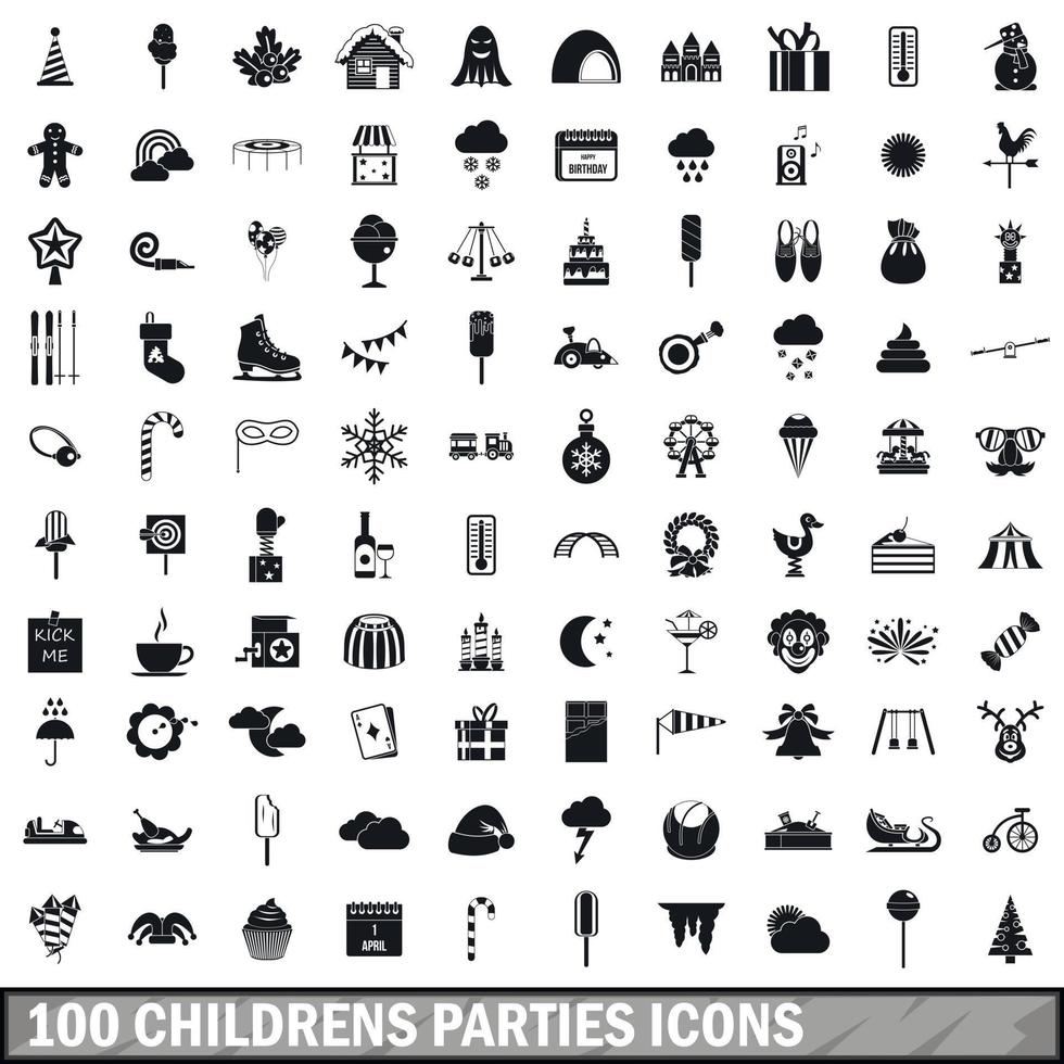 100 iconos de fiestas infantiles, estilo simple vector