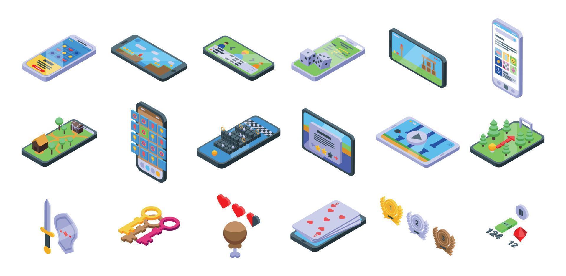 Gameplay icons set isometric vector. Competition computer vector