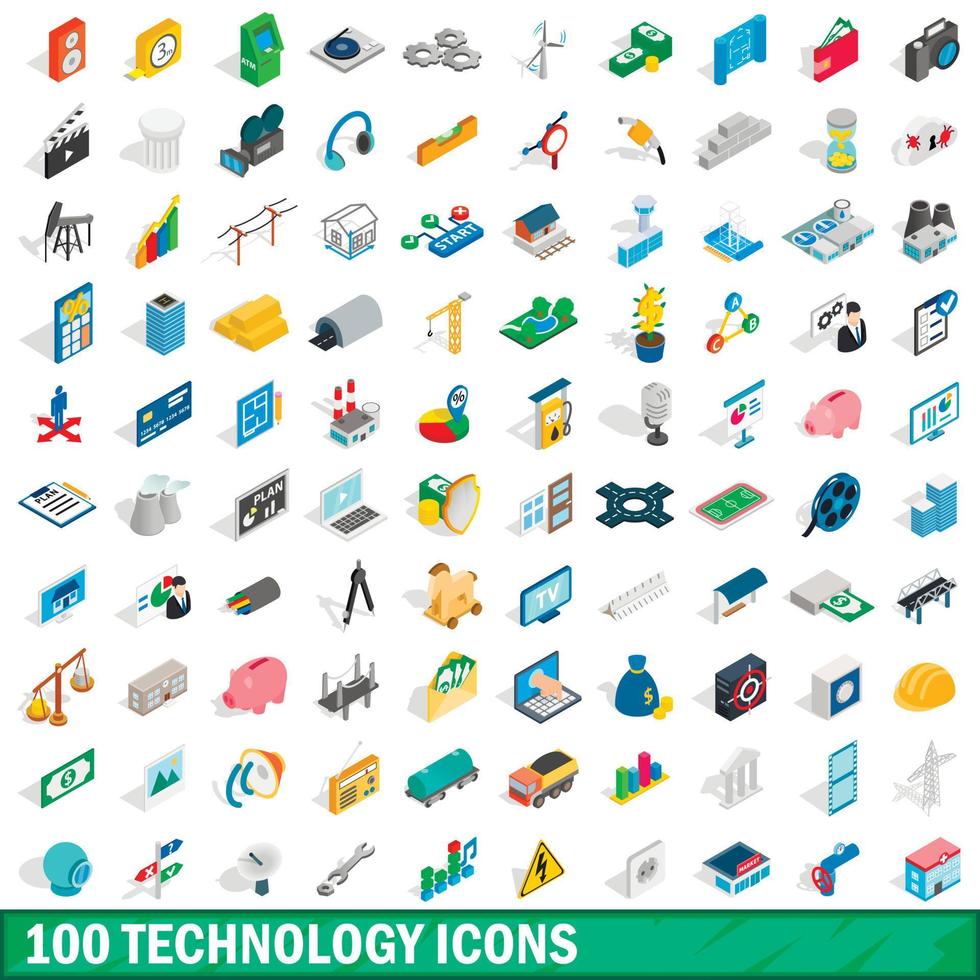 100 technology icons set, isometric 3d style vector