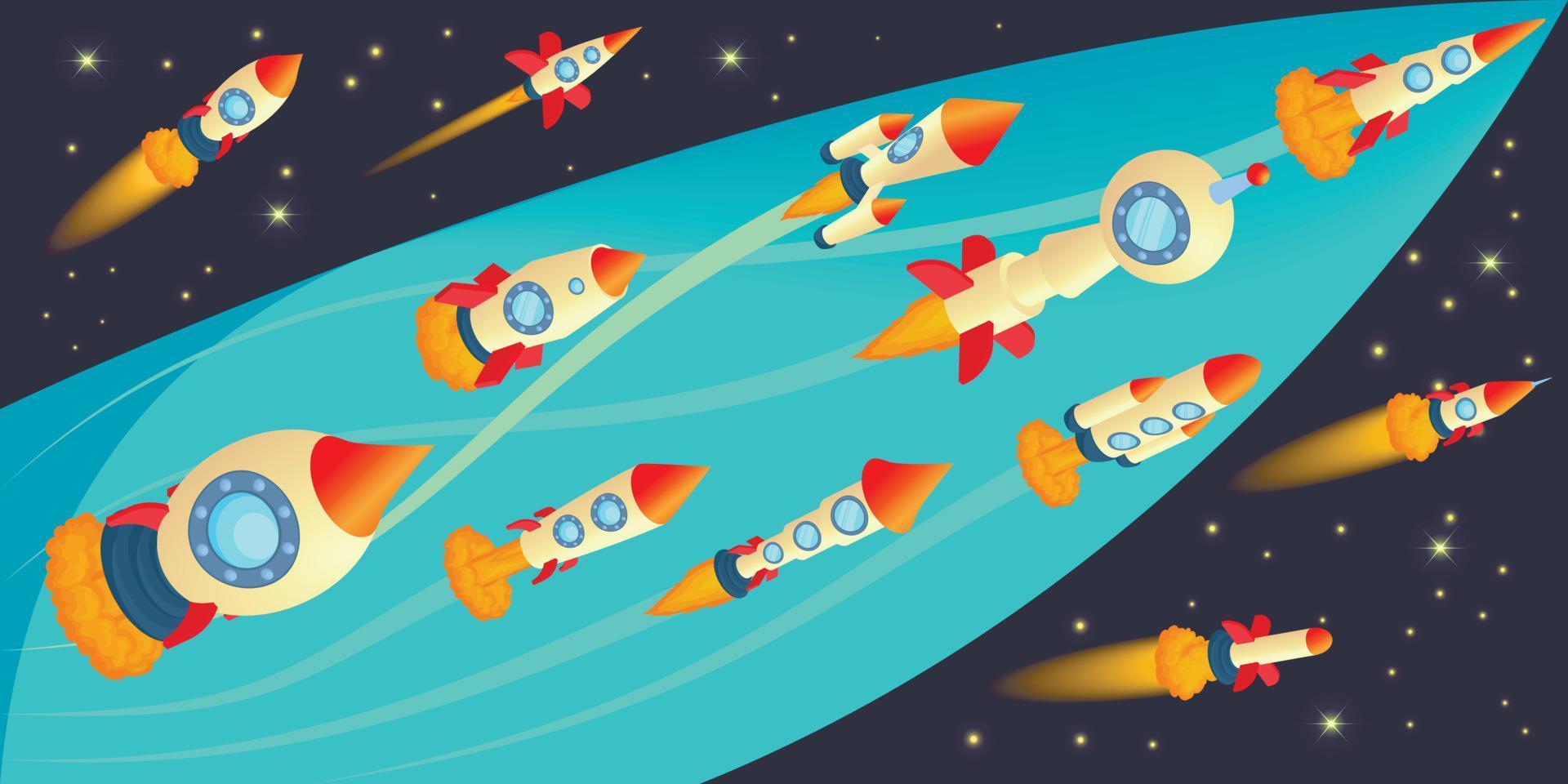 Rockets race horizontal banner, cartoon style vector