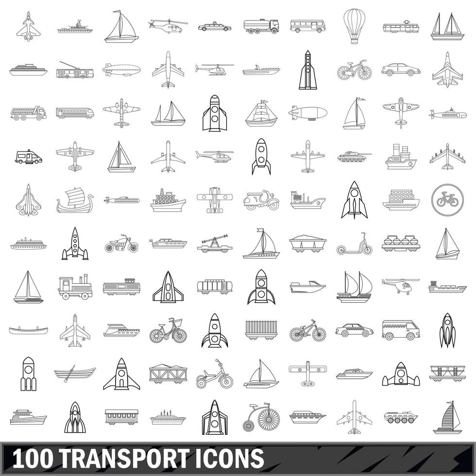 100 transport icons set, outline style vector