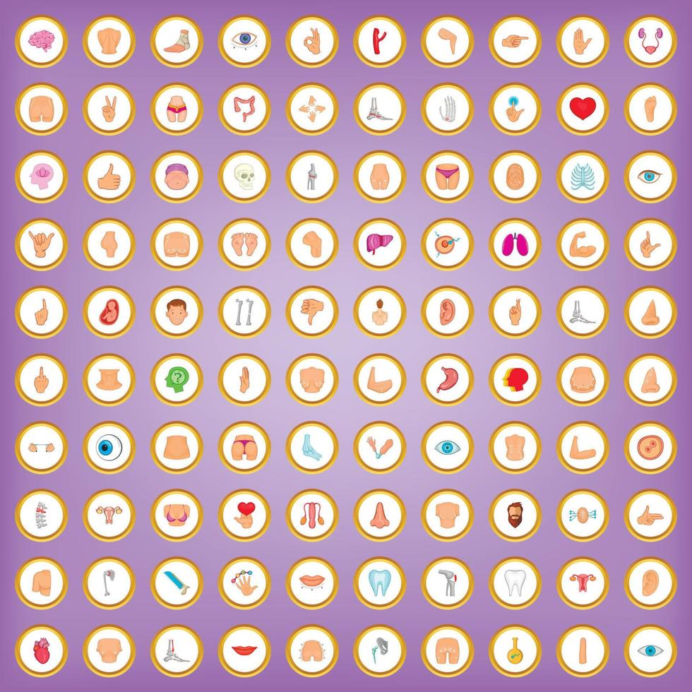 100 human body icons set in cartoon style vector