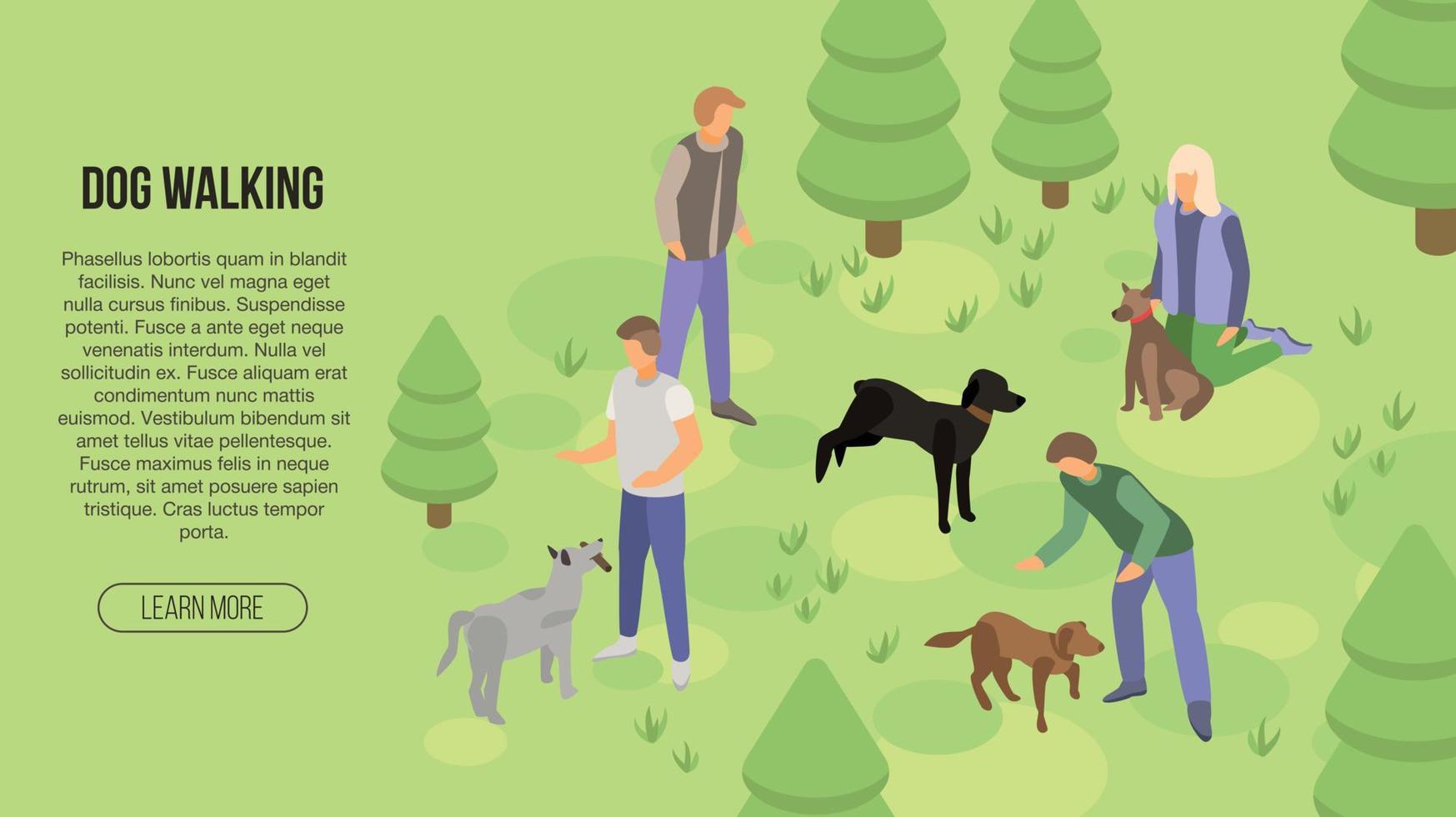 Dog walking concept banner, isometric style vector