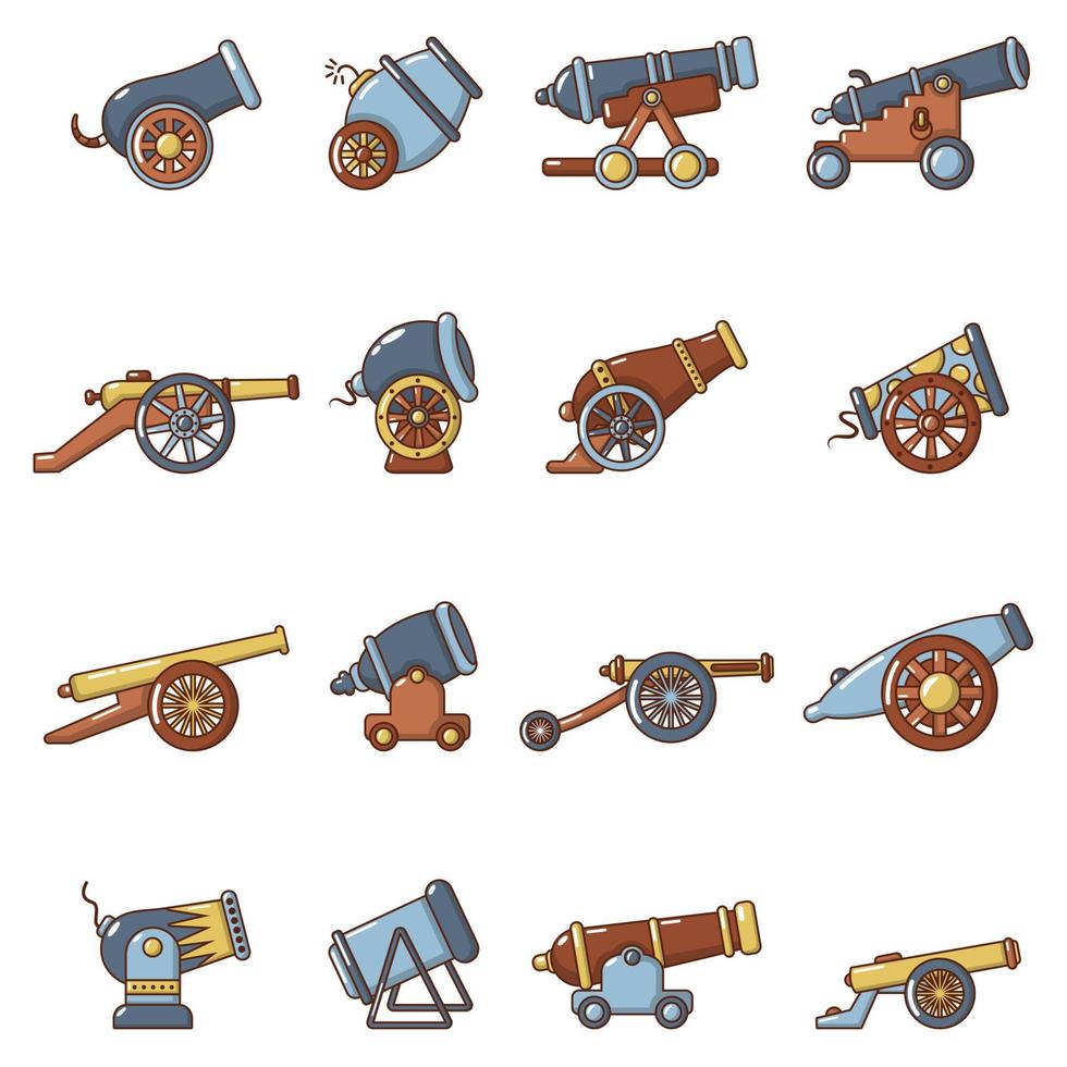 Cannon retro icons set, cartoon style vector
