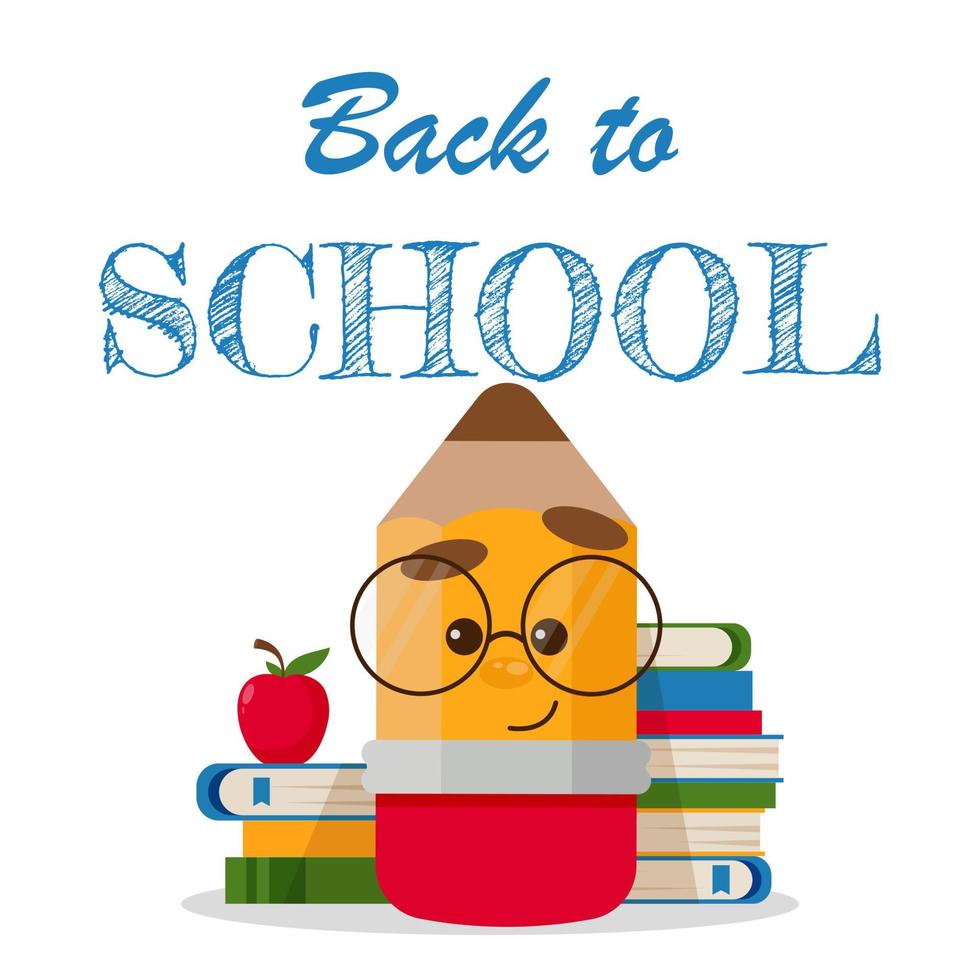 Back to school advertisement banner with stack of colourful books, red apple and stylised pencil character with glasses. Vector illustration for announcement of the beginning of the school year.