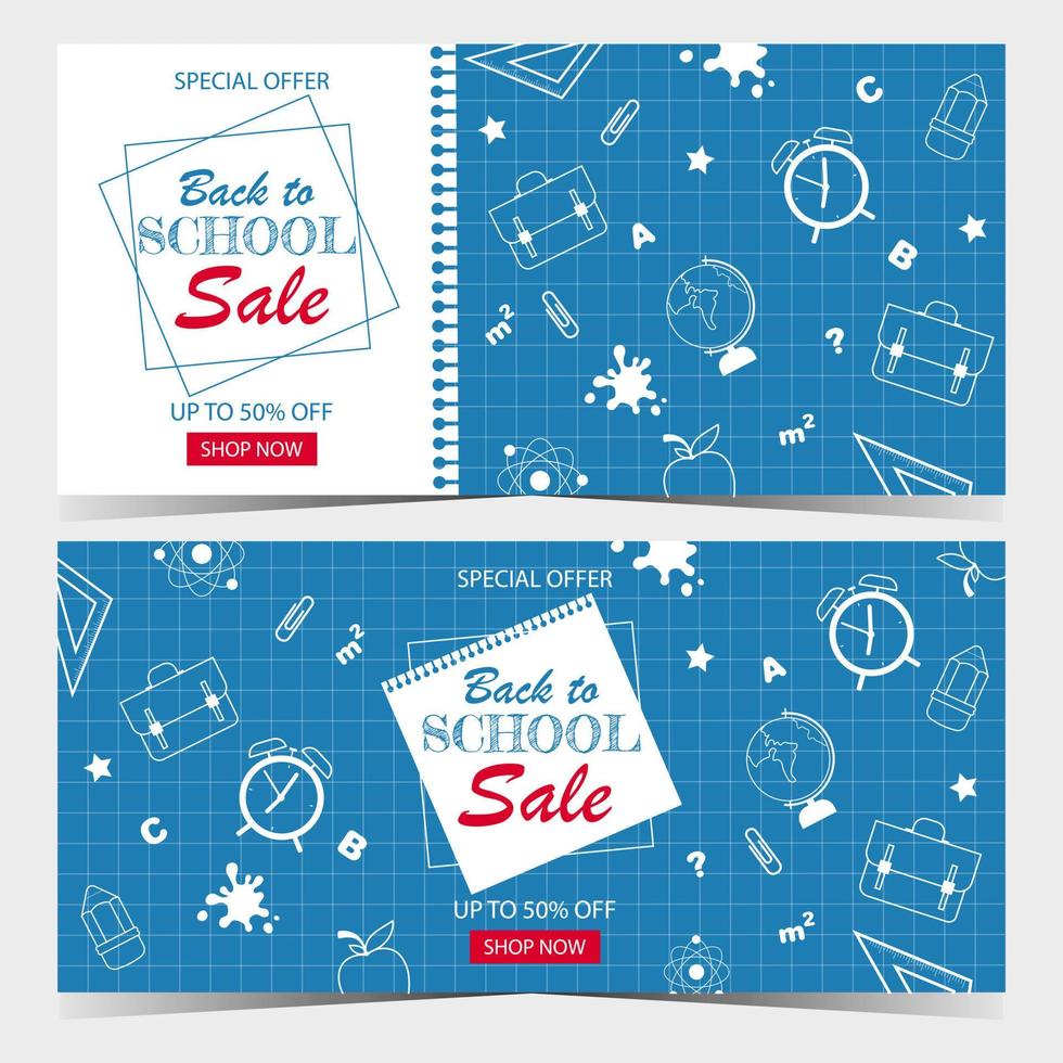 Back to school sale banner with education related objects on checkered paper notebook with blue and white background. Vector illustration for sale, discount and special offer for school time shopping.