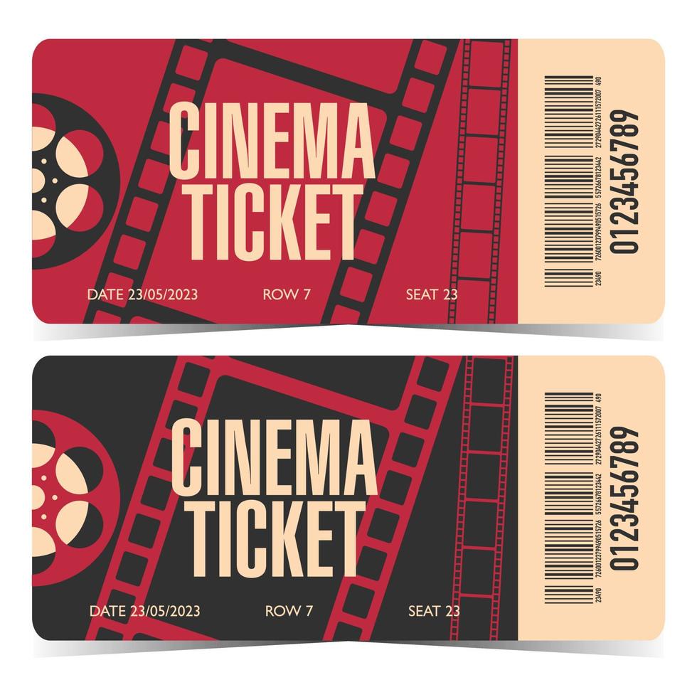 Horizontal cinema ticket with rounded corners, barcode and cinematographic film strip and film reel on red or black background. Movie session entrance coupon template design. vector