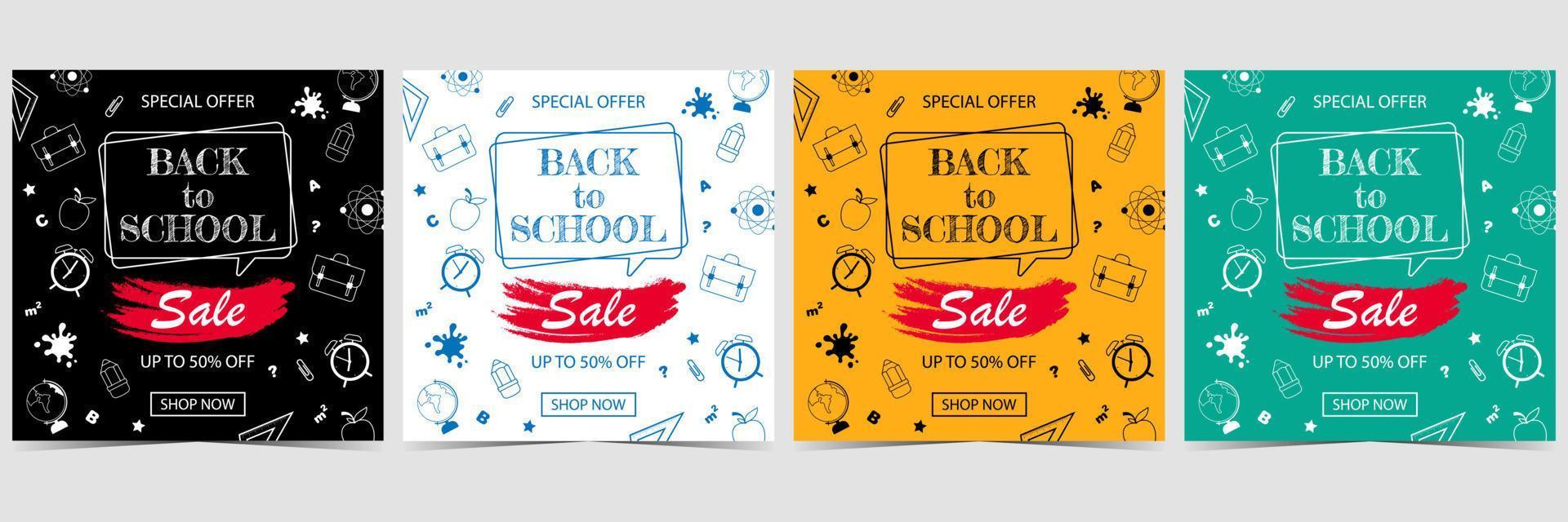 Set of back to school sale banners with black, white, yellow and green background, with school supplies and objects related to education and study process as backpack, pencil, globe, ruler and others. vector