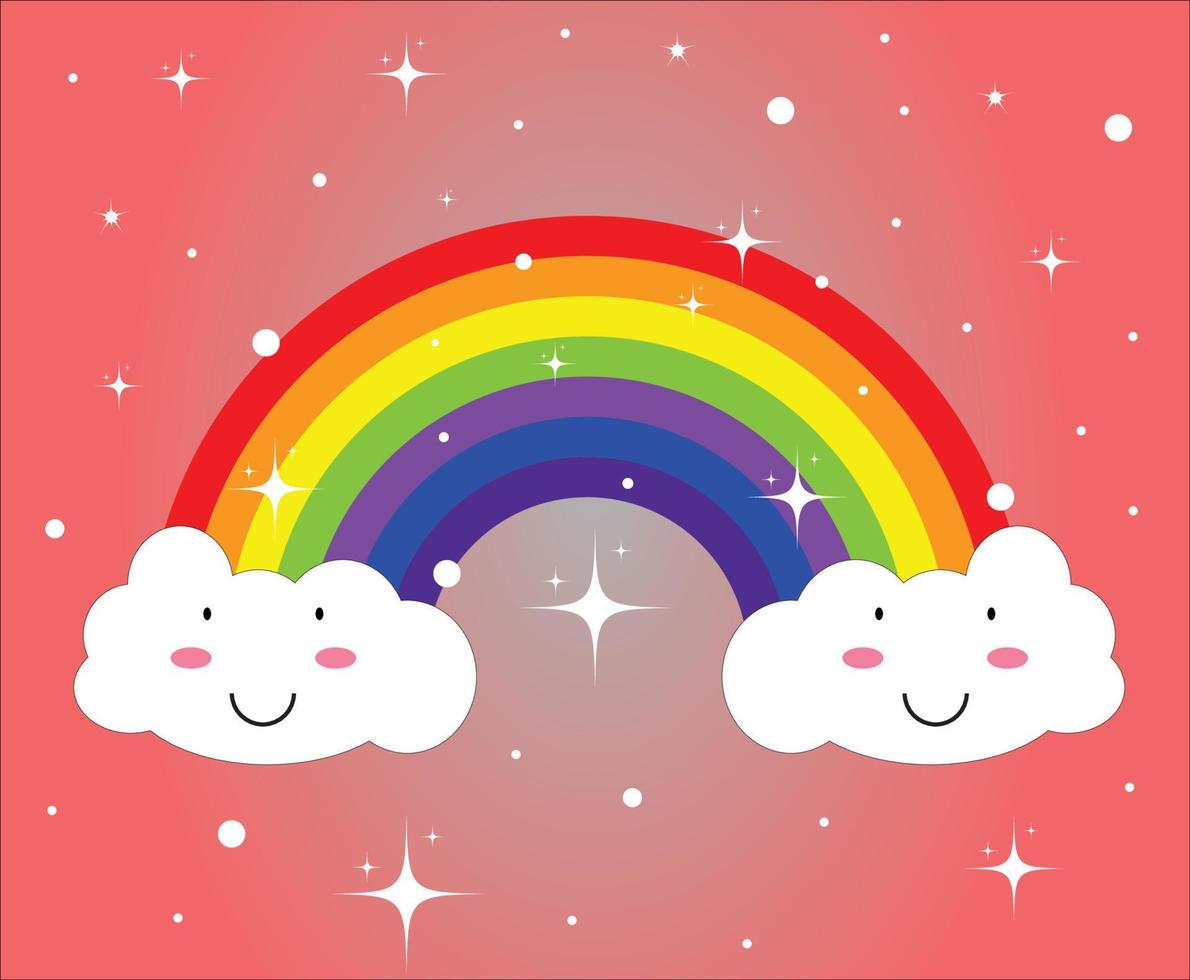 Color rainbow with cute clouds, with pink gradient cute white stars vector illustration.