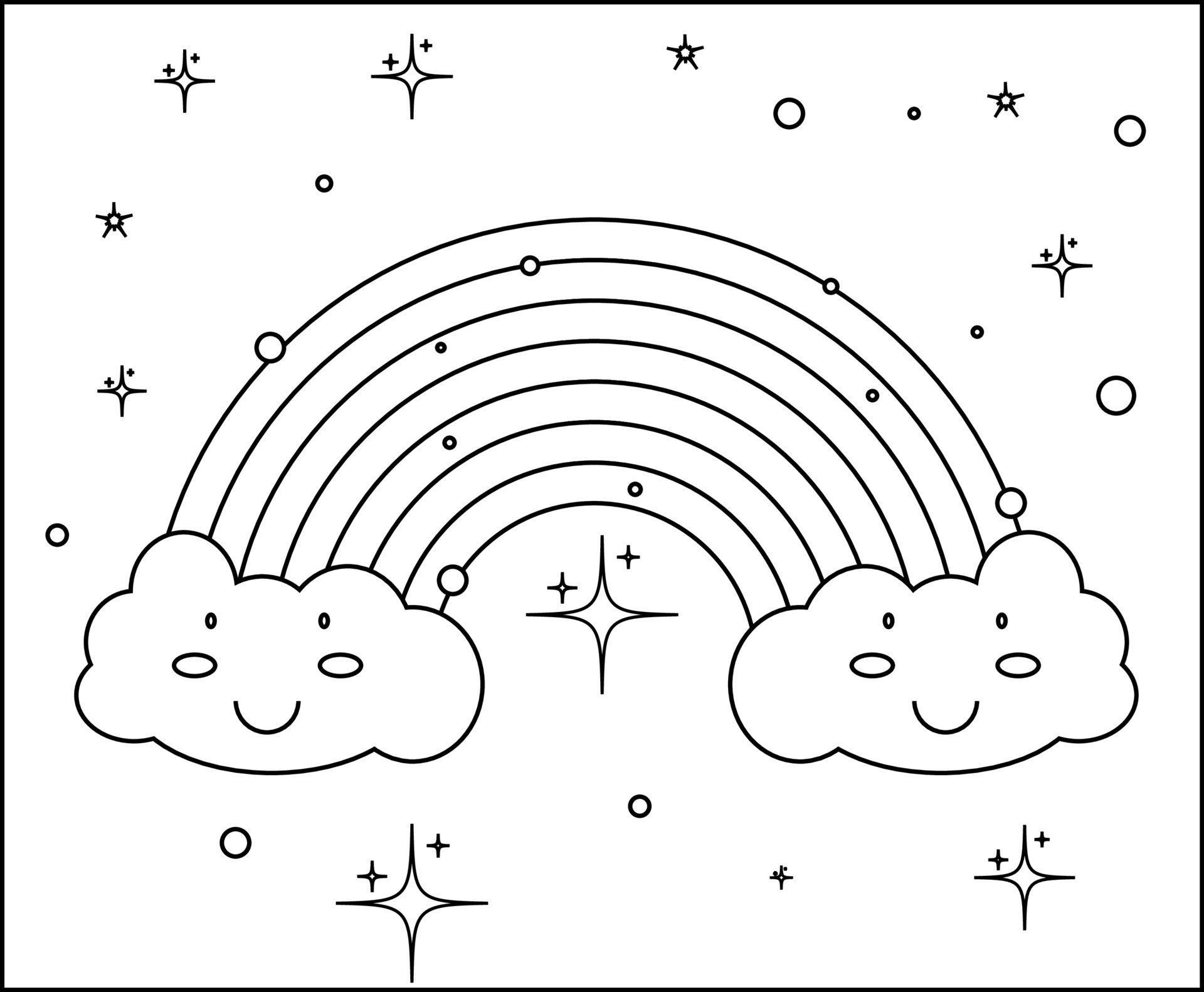 Color rainbow line art drawing page with cute clouds, with cute white ...