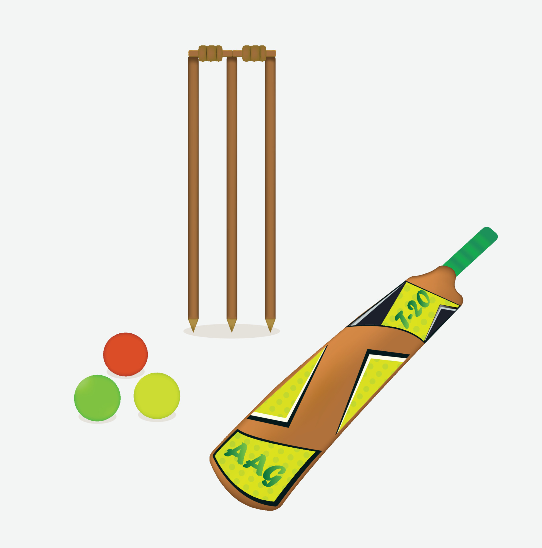 Cricket bat, ball, wicket, illustration, vector on a white background