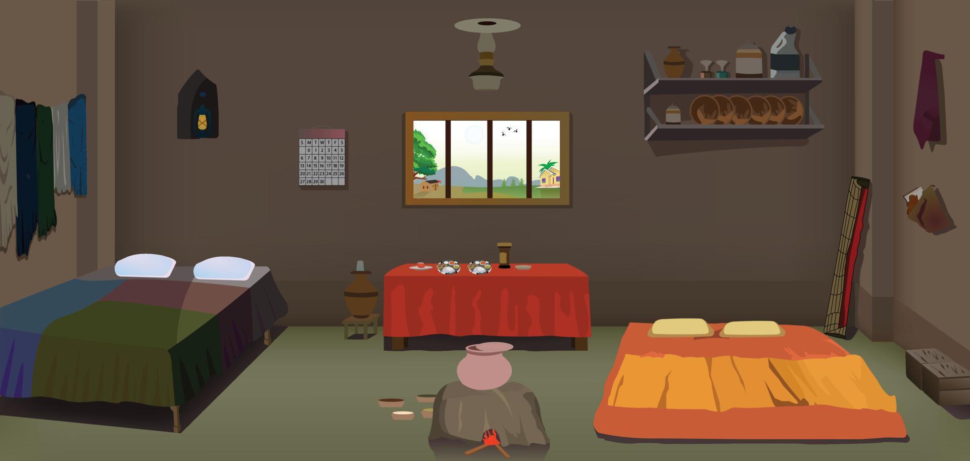 Village room inside vector artwork illustration, Poor house room interior vector illustrations.