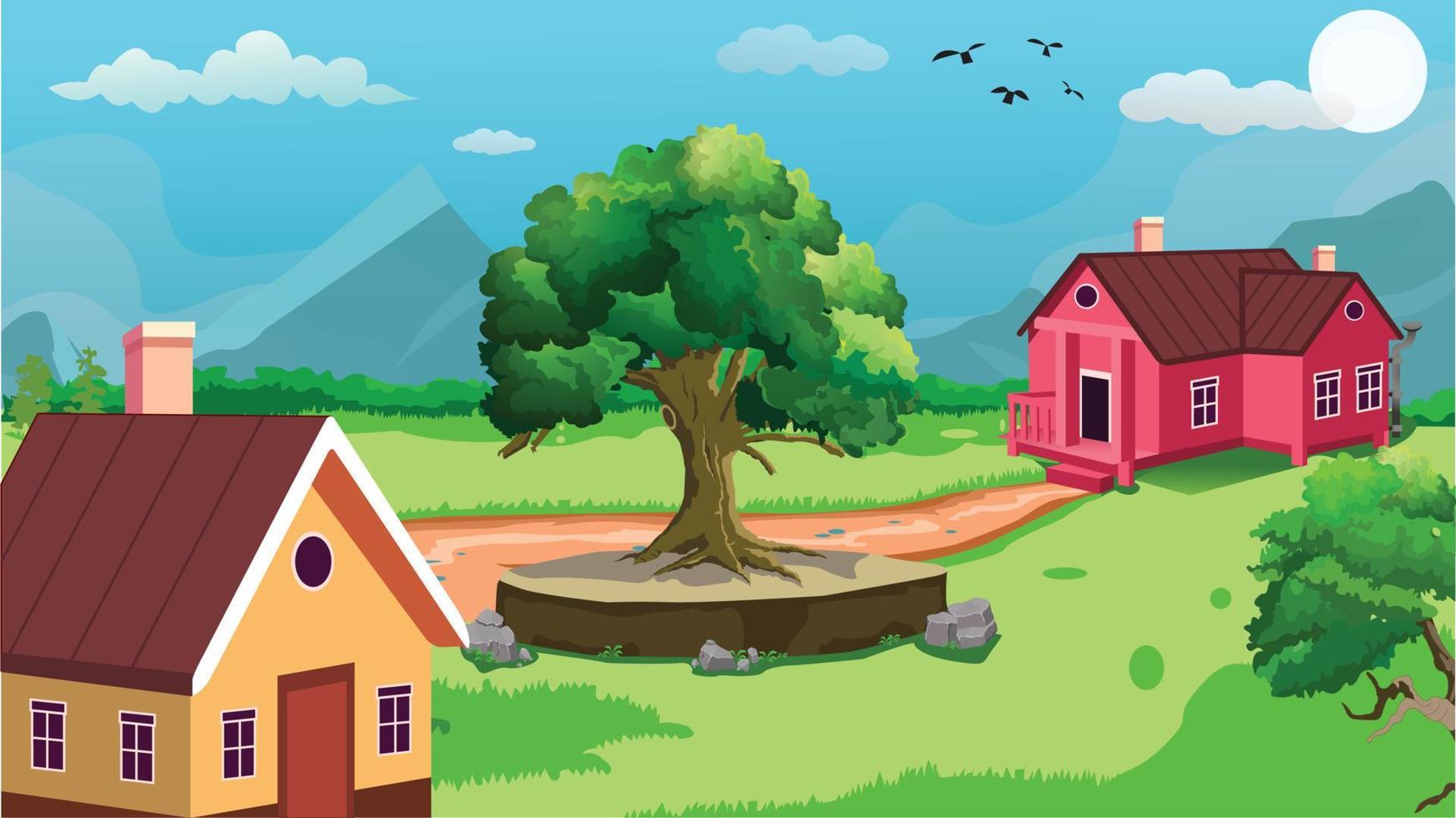 Beautiful village cartoon background of green meadows and surrounded by trees and mountains. vector