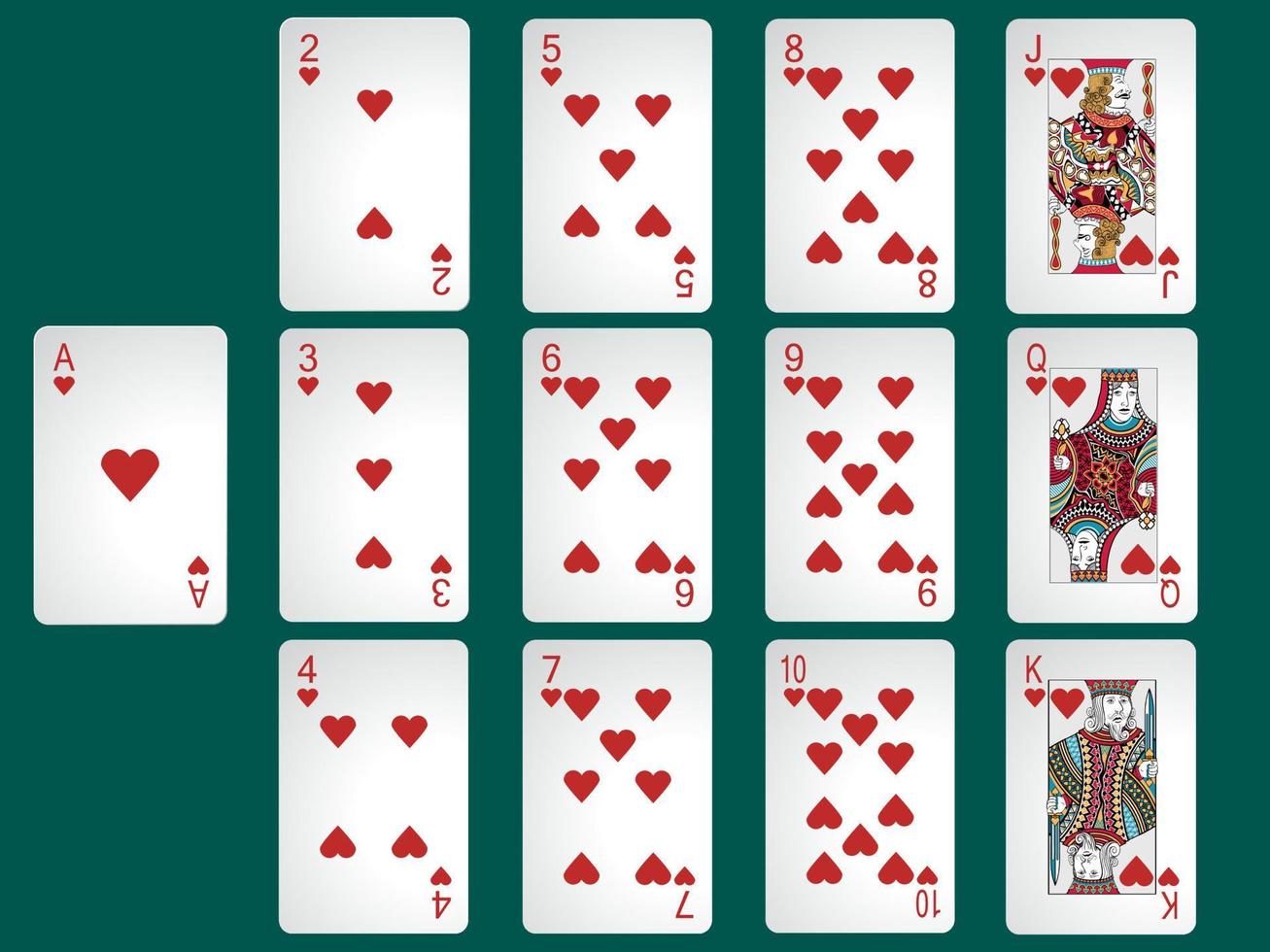 baraja de sombras de corazones rojos de cartas de póquer vectorial para diseño gráfico cartas deportivas juego de cartas juegos de azar vector