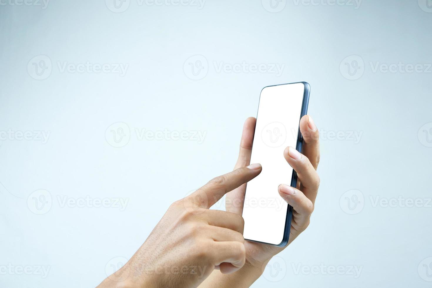 Men touching phone screen isolated on white background photo