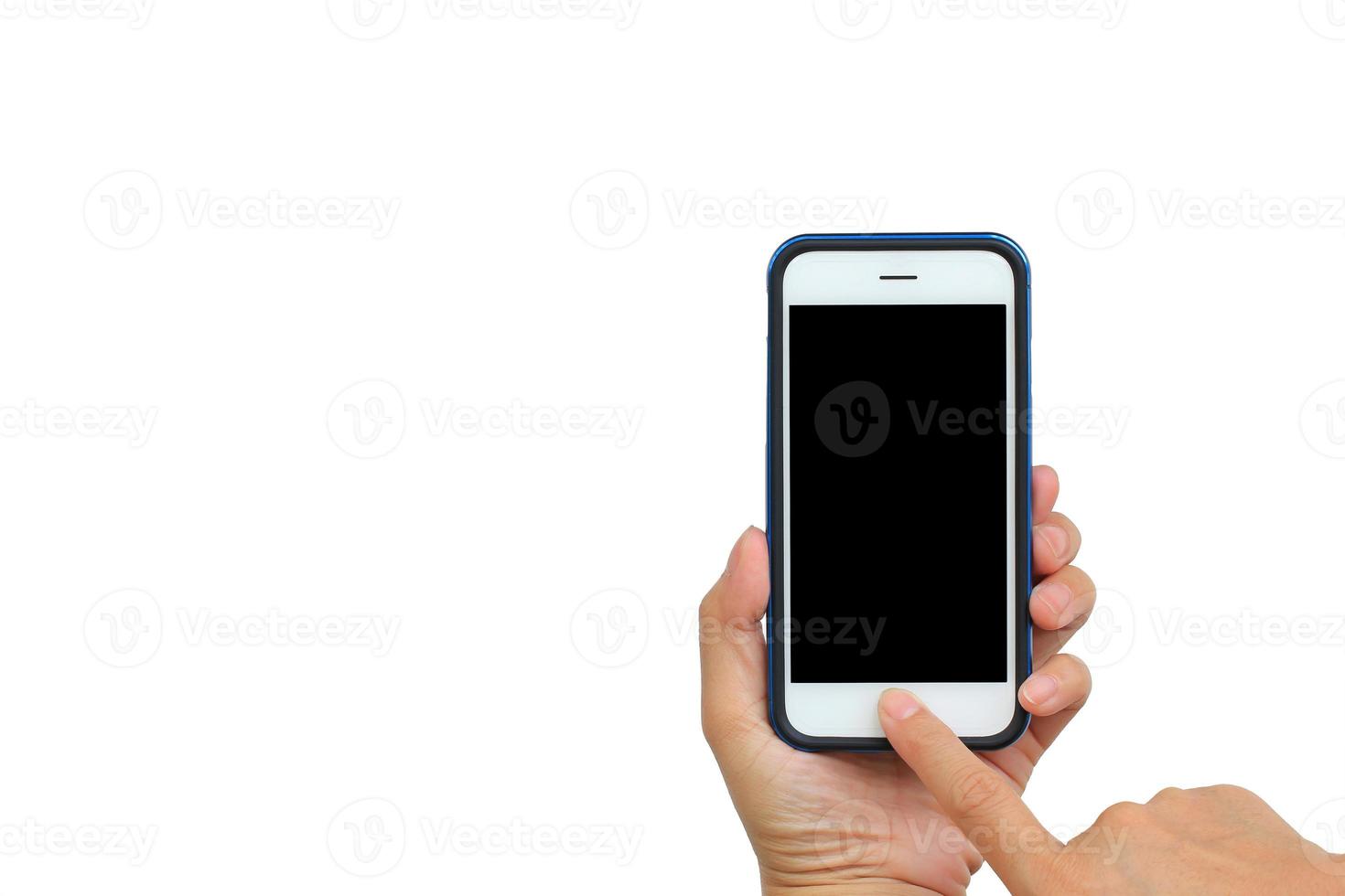 Taking photo with mobile phone on white background, Hand holding mobile smart phone with blank screen.