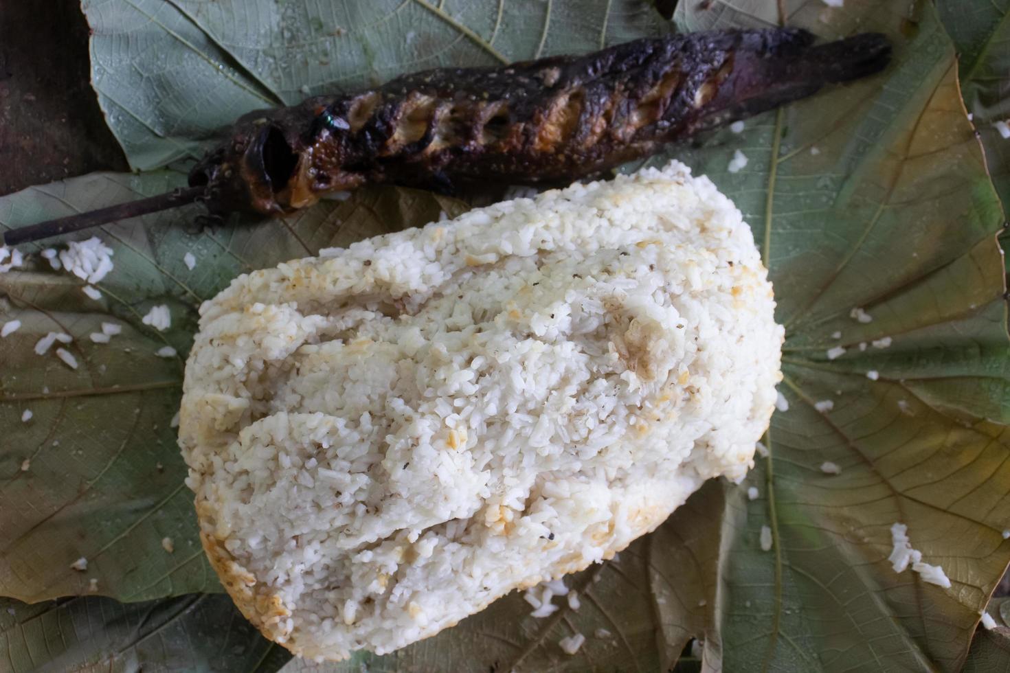 white rice and a grilled catfish on a green leaf, a simple meal in the forest photo