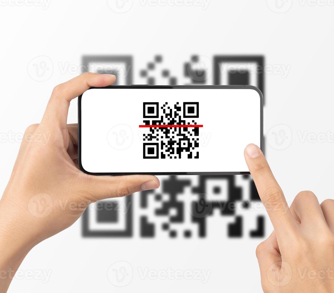 Hand using mobile smart phone scan Qr code. Barcode reader, Qr code payment, Cashless technology, Digital money concept photo