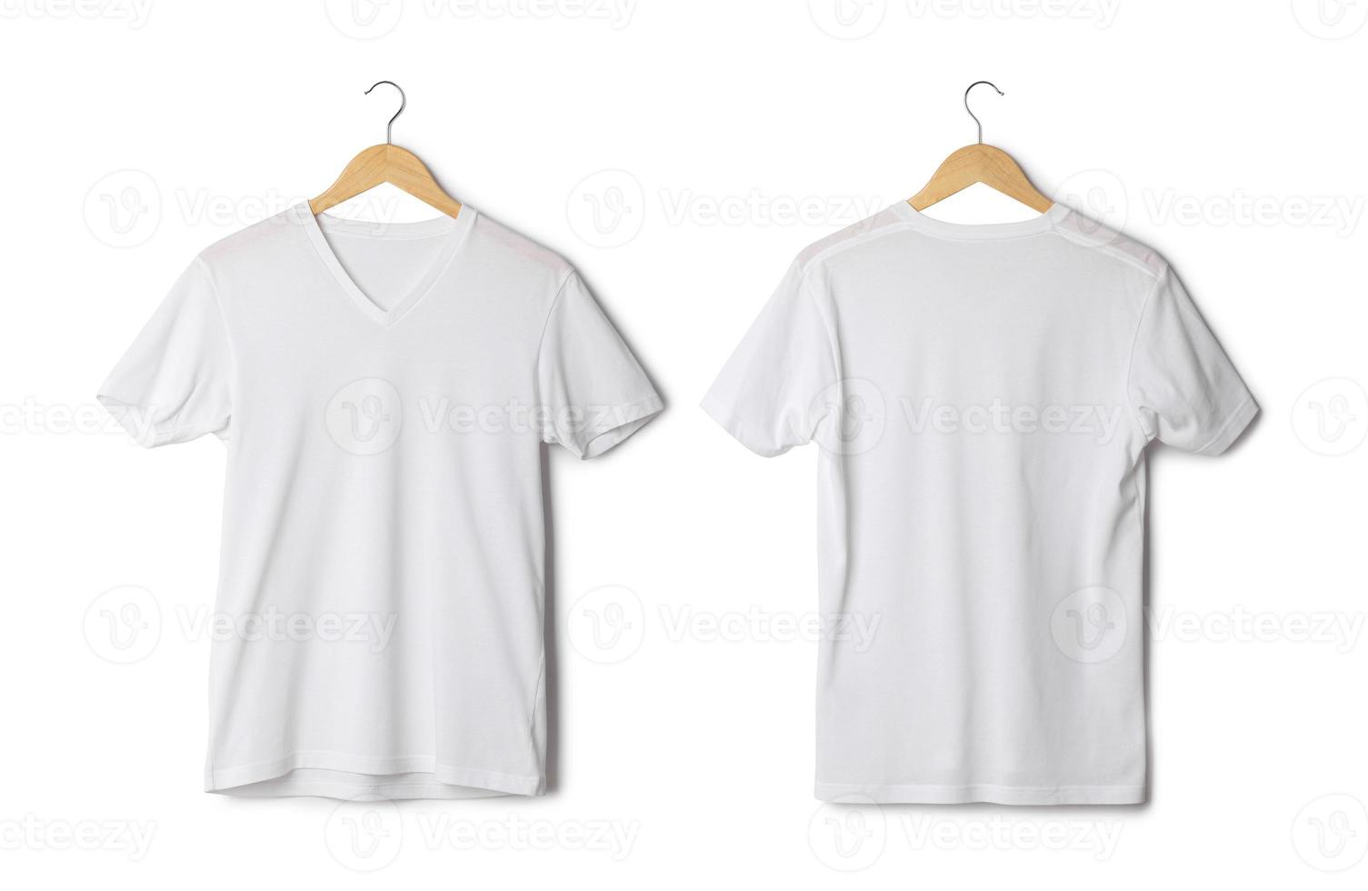 White T shirt mockup hanging isolated on white background with clipping path photo