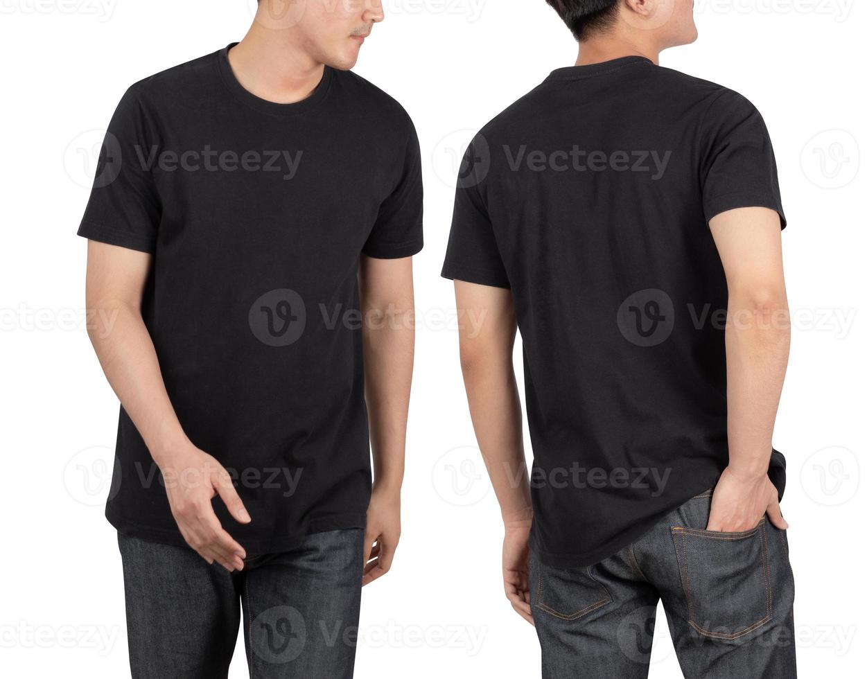 Young man in black T shirt mockup isolated on white background with ...