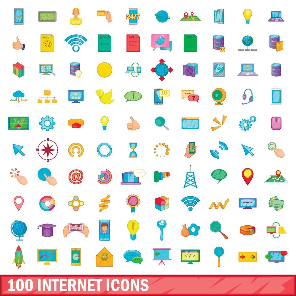 100 iconos de Internet, estilo de dibujos animados vector