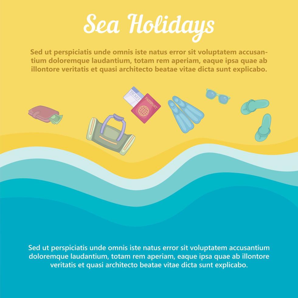 Sea rest concept beach items, cartoon style vector