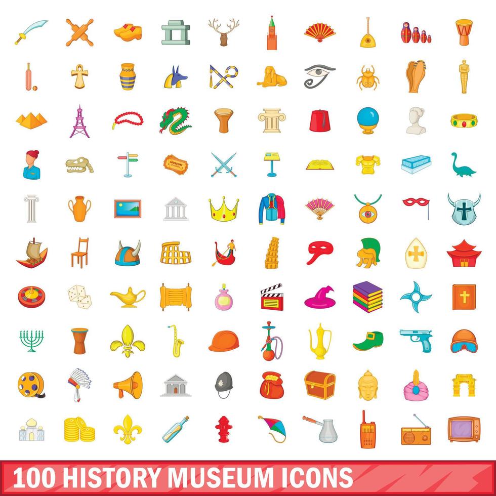 100 museo de historia, conjunto de iconos de estilo de dibujos animados vector