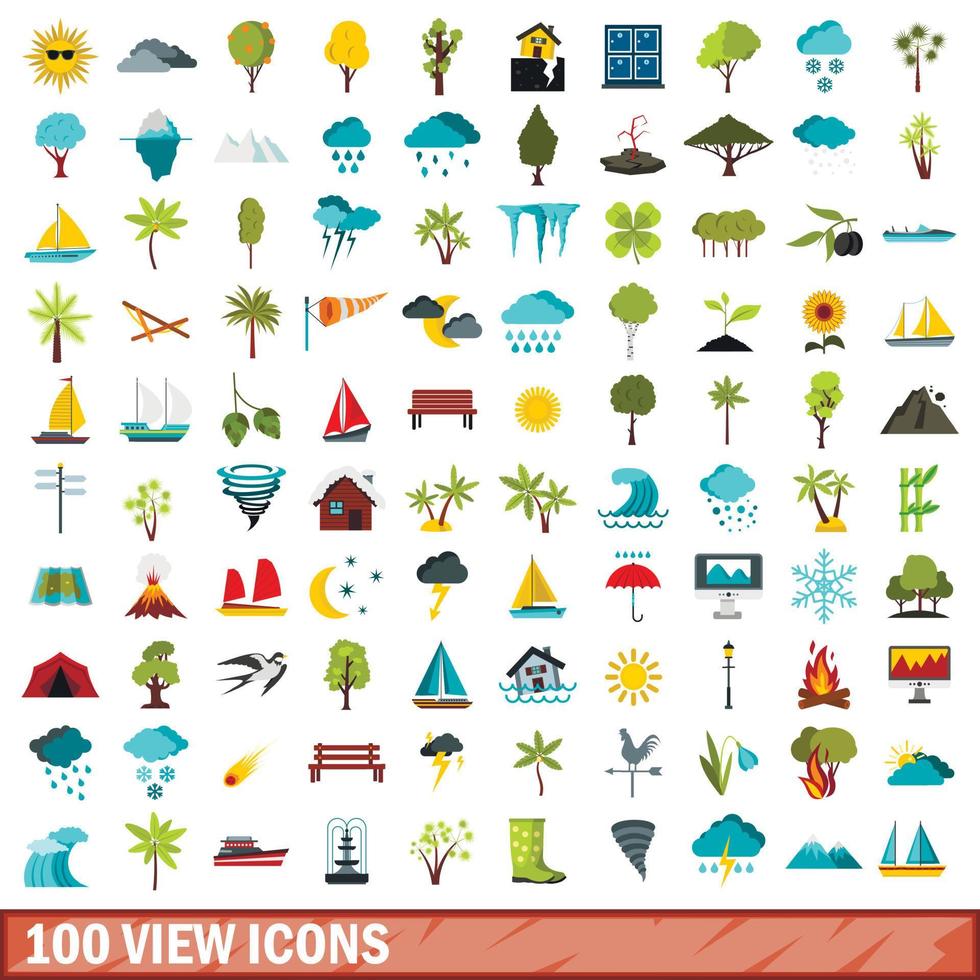 100 view icons set, flat style vector