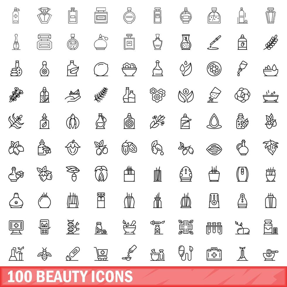 100 beauty icons set, outline style vector