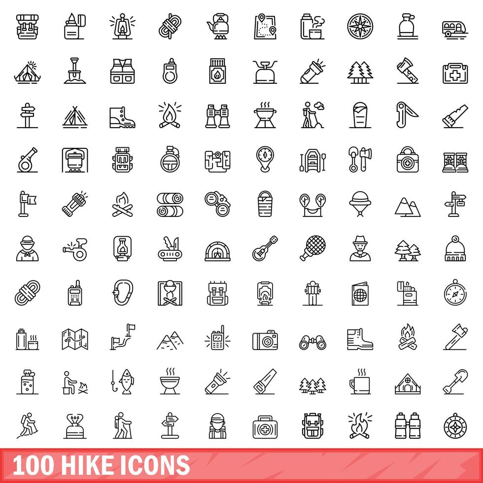 100 hike icons set, outline style vector