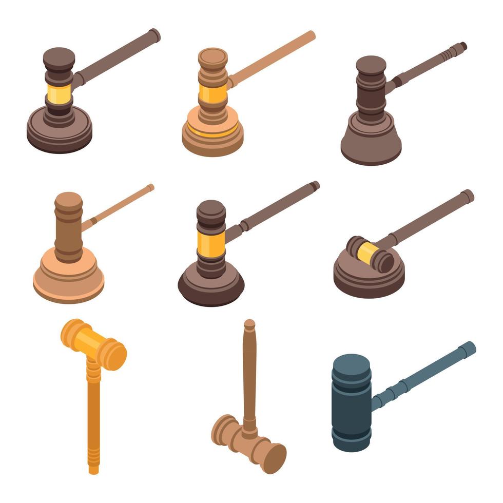 Judge hammer icons set, isometric style vector