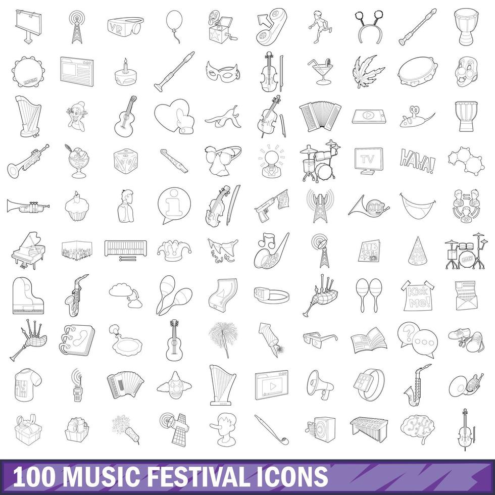 100 music festival icons set, outline style vector