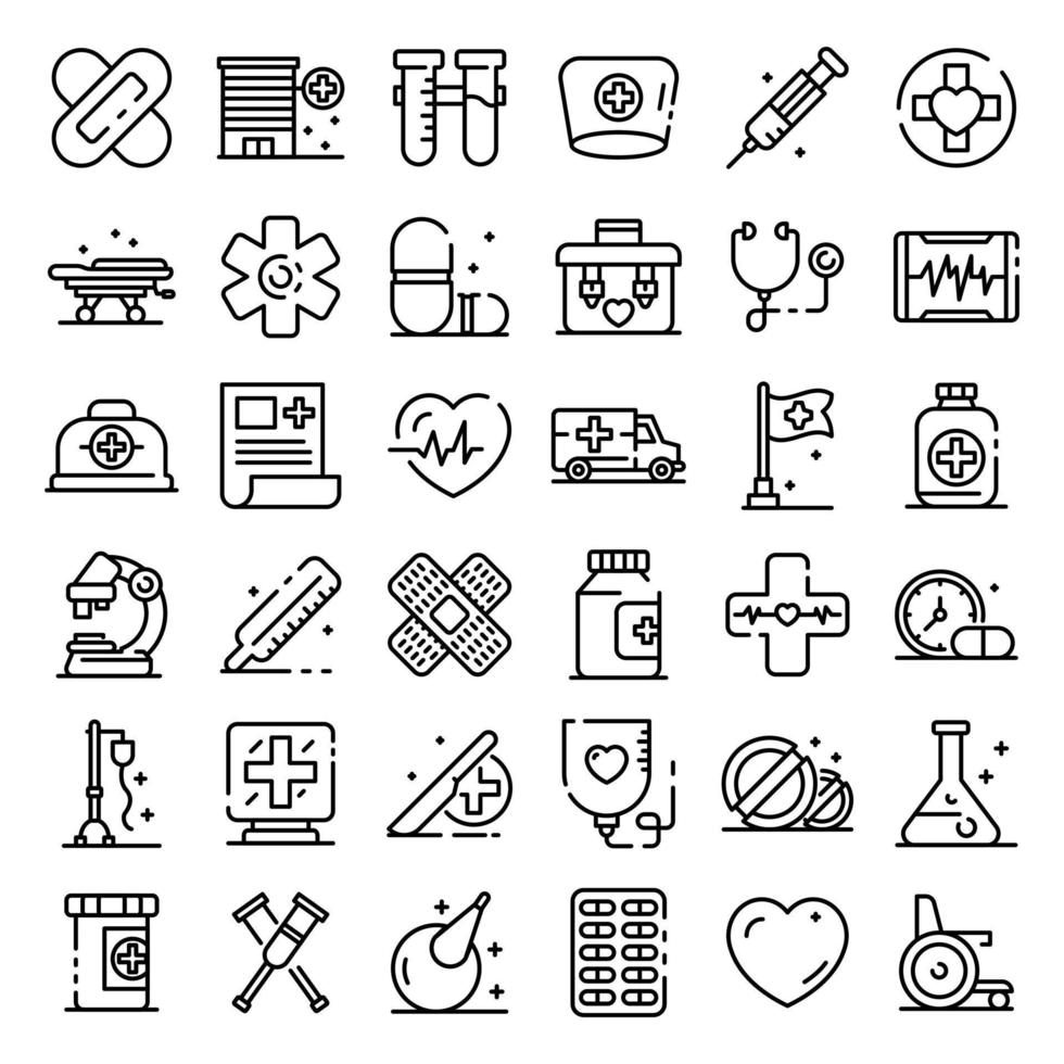 First medical aid icons set, outline style vector